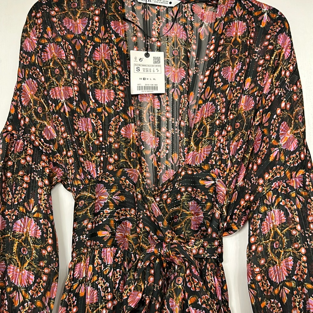 Zara medallion floral print wrap maxi dress blouson sleeves gold thread